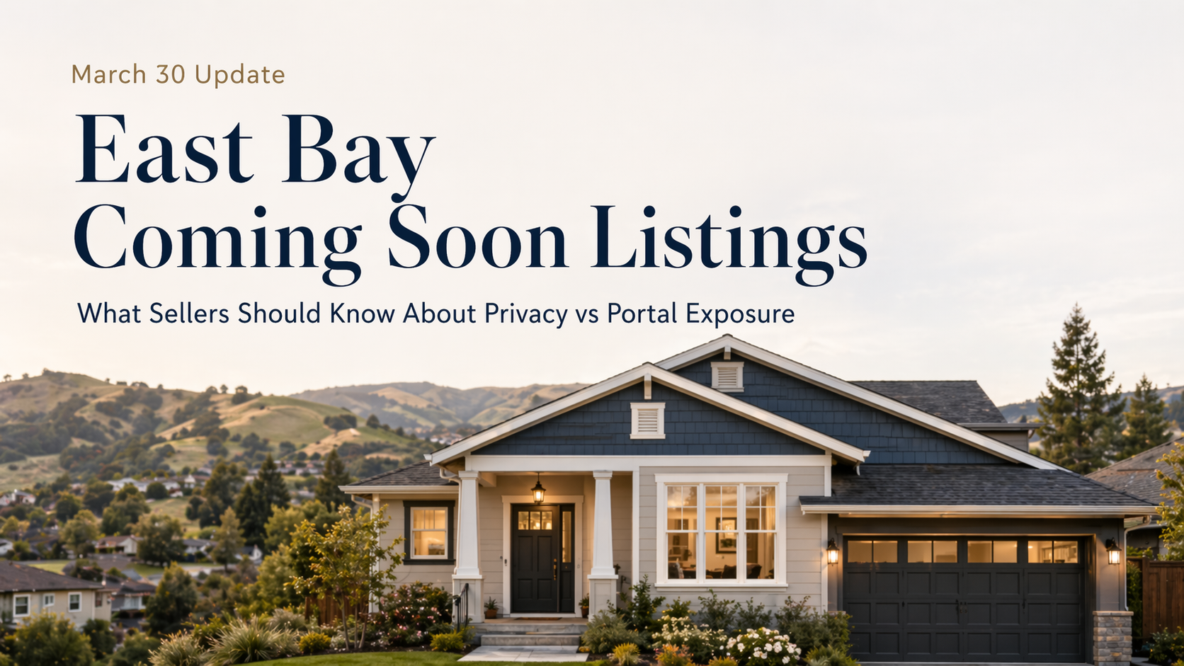 East Bay home exterior with headline text reading East Bay Coming Soon Listings and March 30 update for sellers weighing privacy versus portal exposure