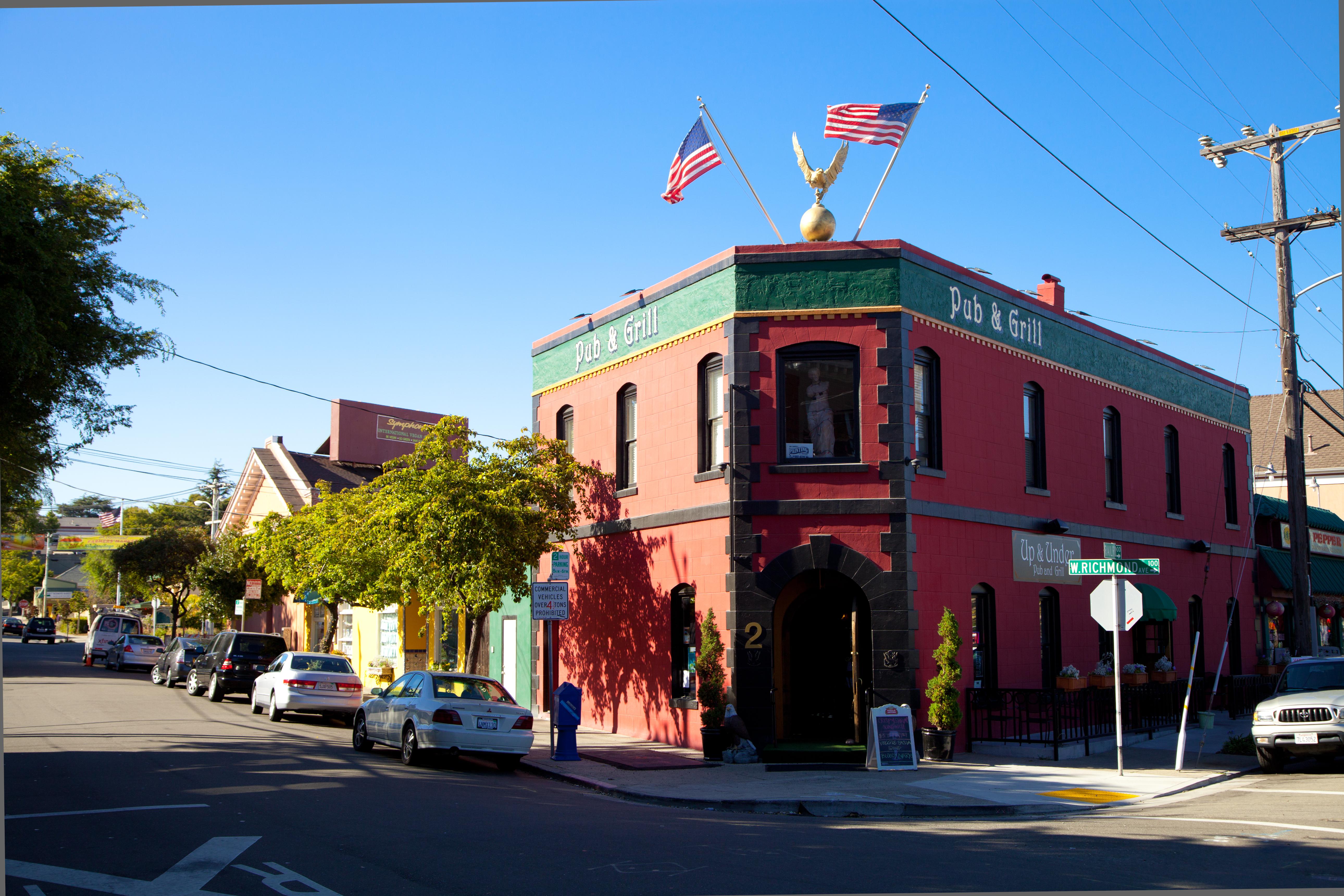 Historic downtown Point Richmond, California, with colorful neighborhood architecture along West Richmond Avenue.