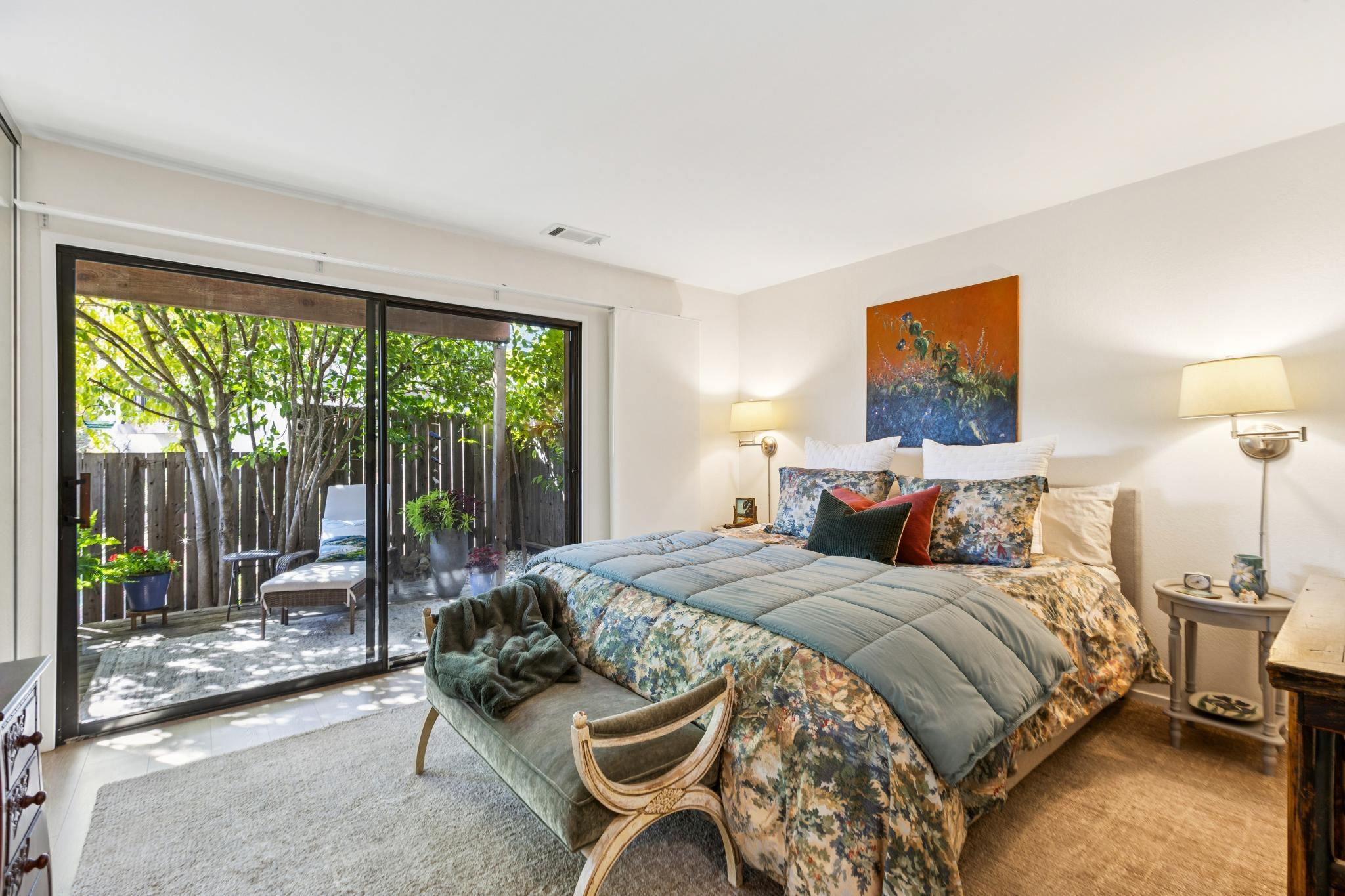 Bedroom with patio access at 45 Corte Real #1 in Greenbrae
