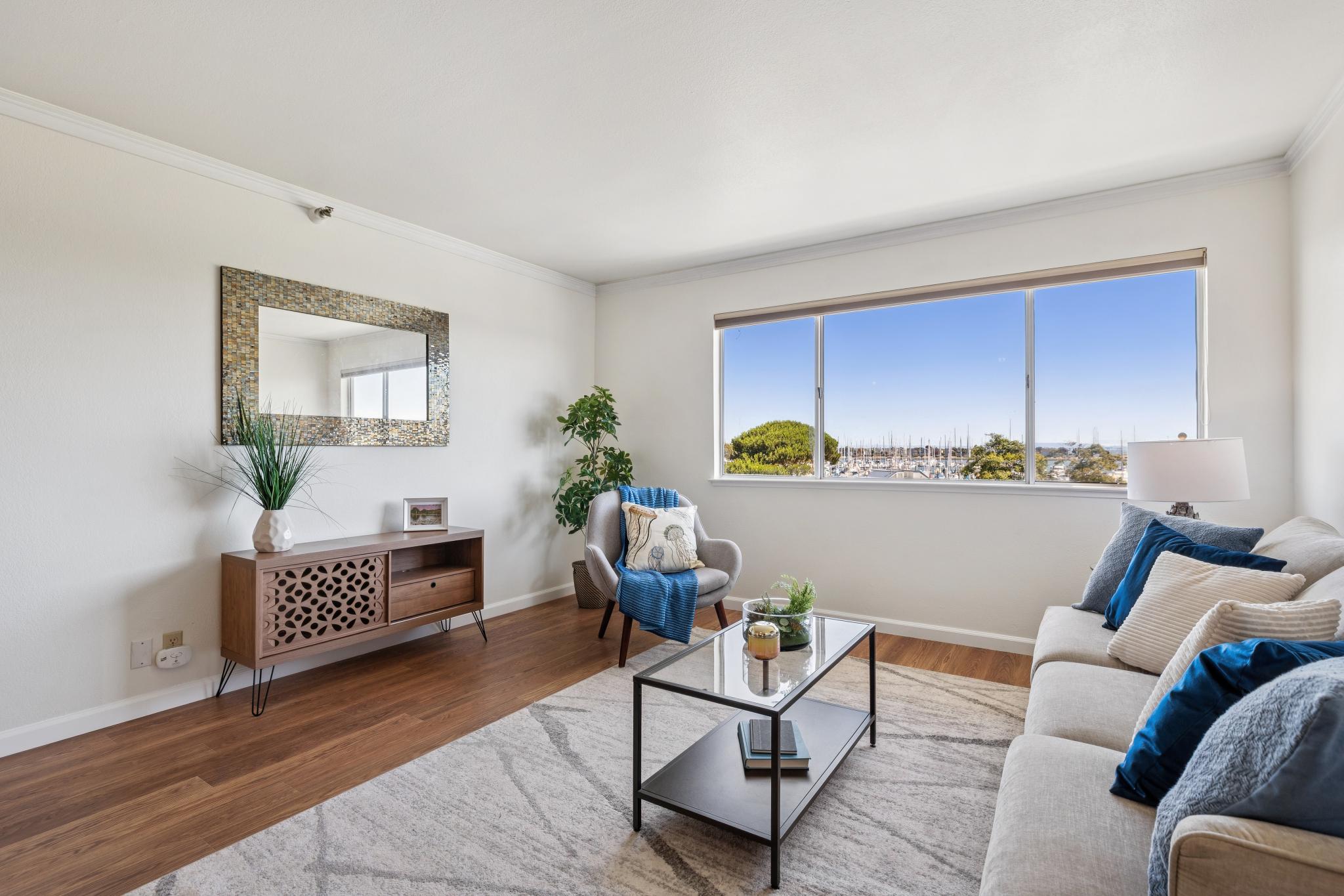 Living room with Marina Bay view at 1205 Melville Sq #304 in Richmond, California