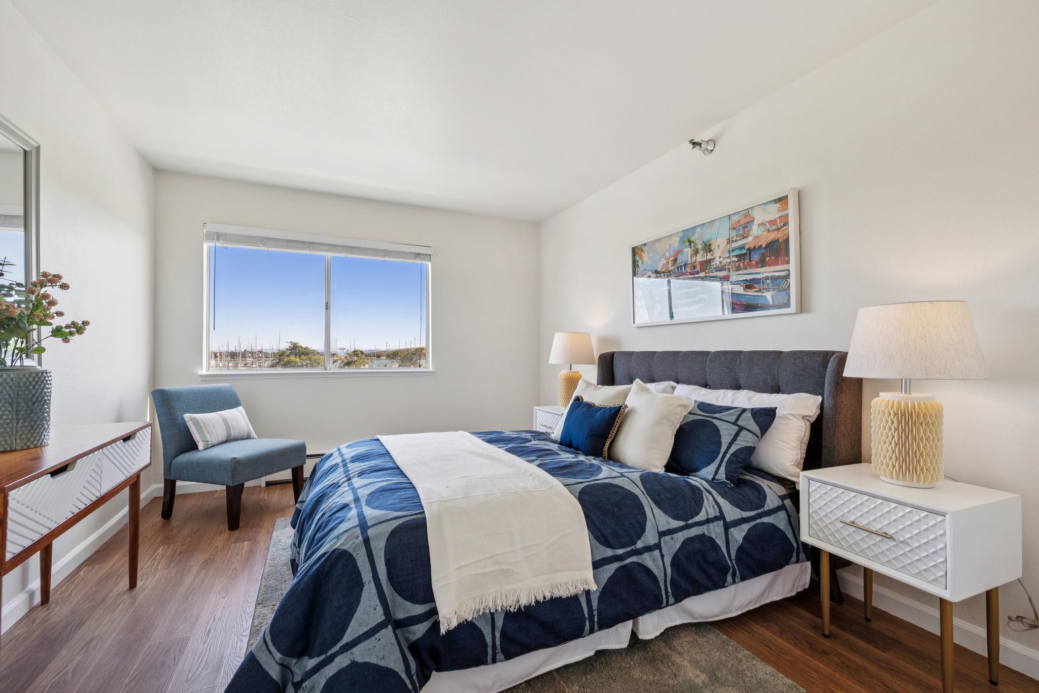 Bedroom with Marina Bay view at 1205 Melville Sq #304 in Richmond