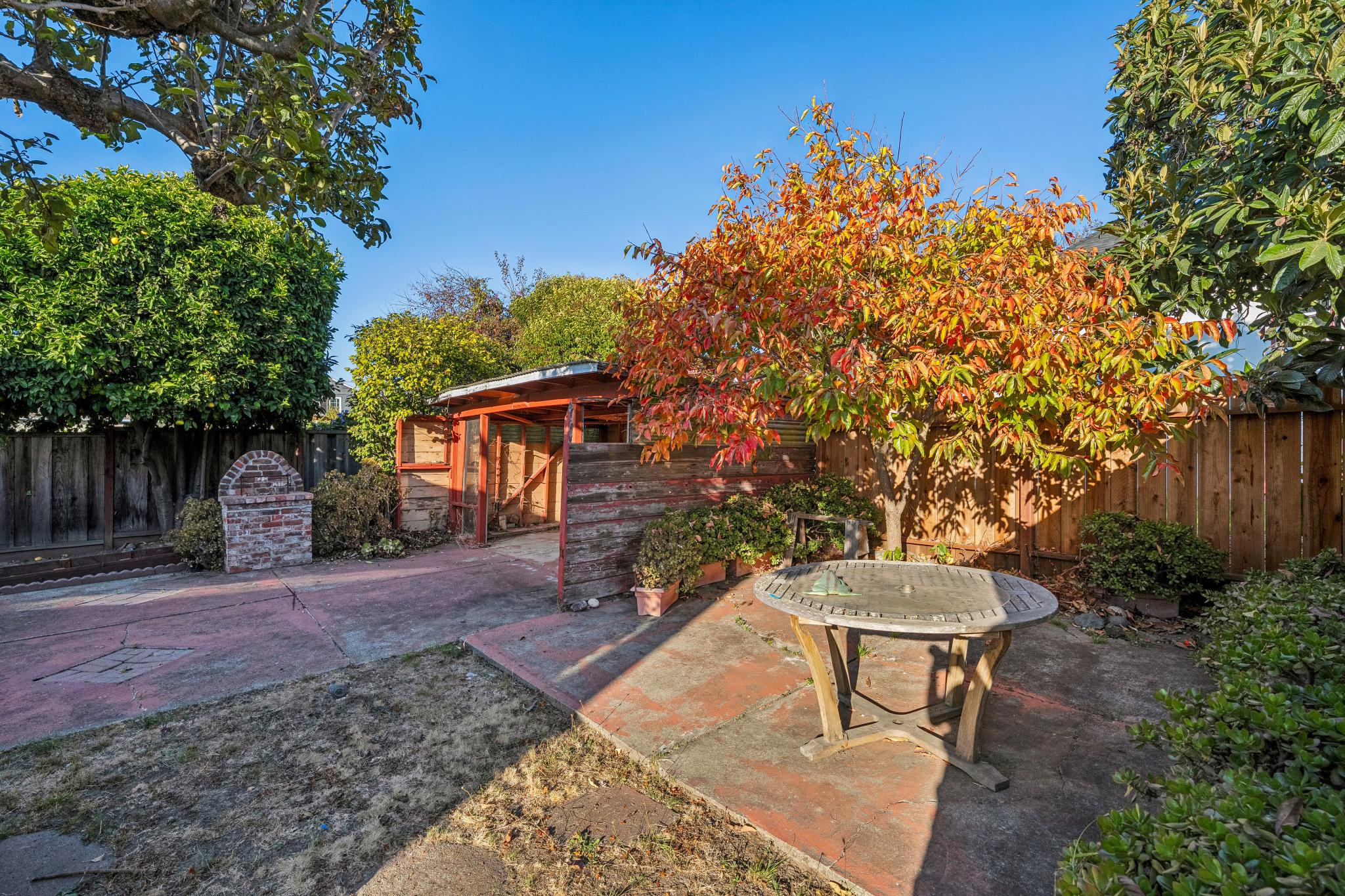 Backyard patio with trees, picnic table and covered area at 974 33rd St, North and East, Richmond