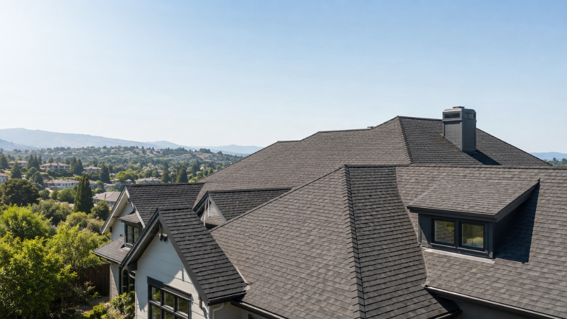 Clean East Bay home roof with gray shingles, hillside neighborhood views, and blue sky in the background.