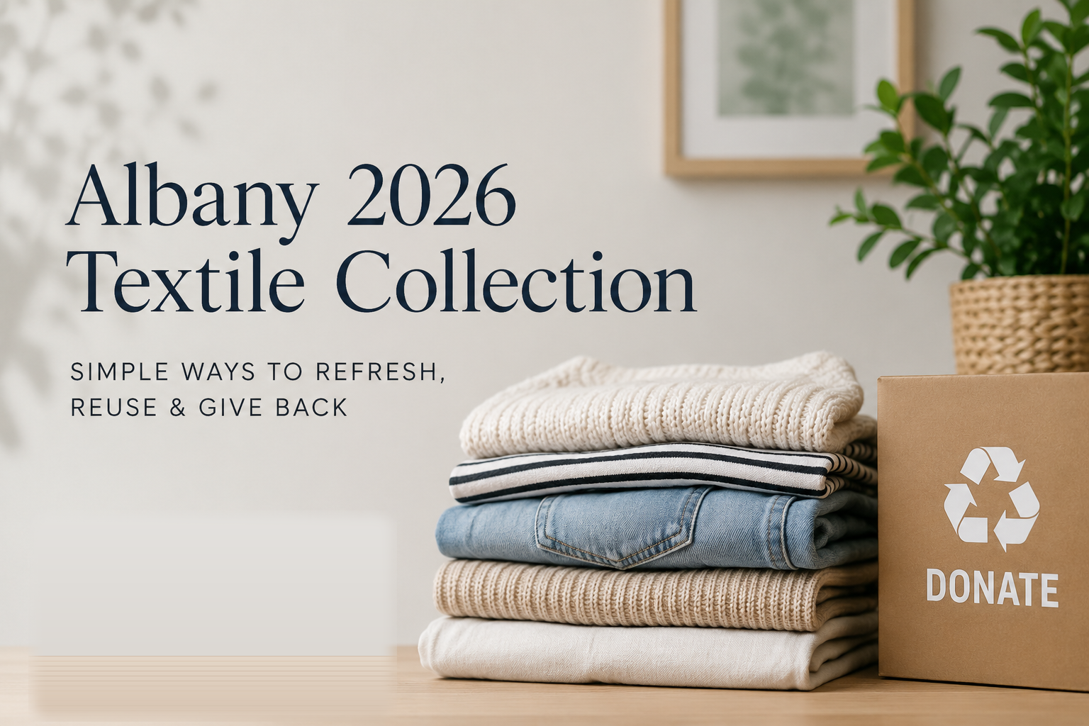 Albany 2026 Textile Collection blog cover featuring folded clothes, a textile donation box, and information about curbside textile recycling and donation in Albany, California.