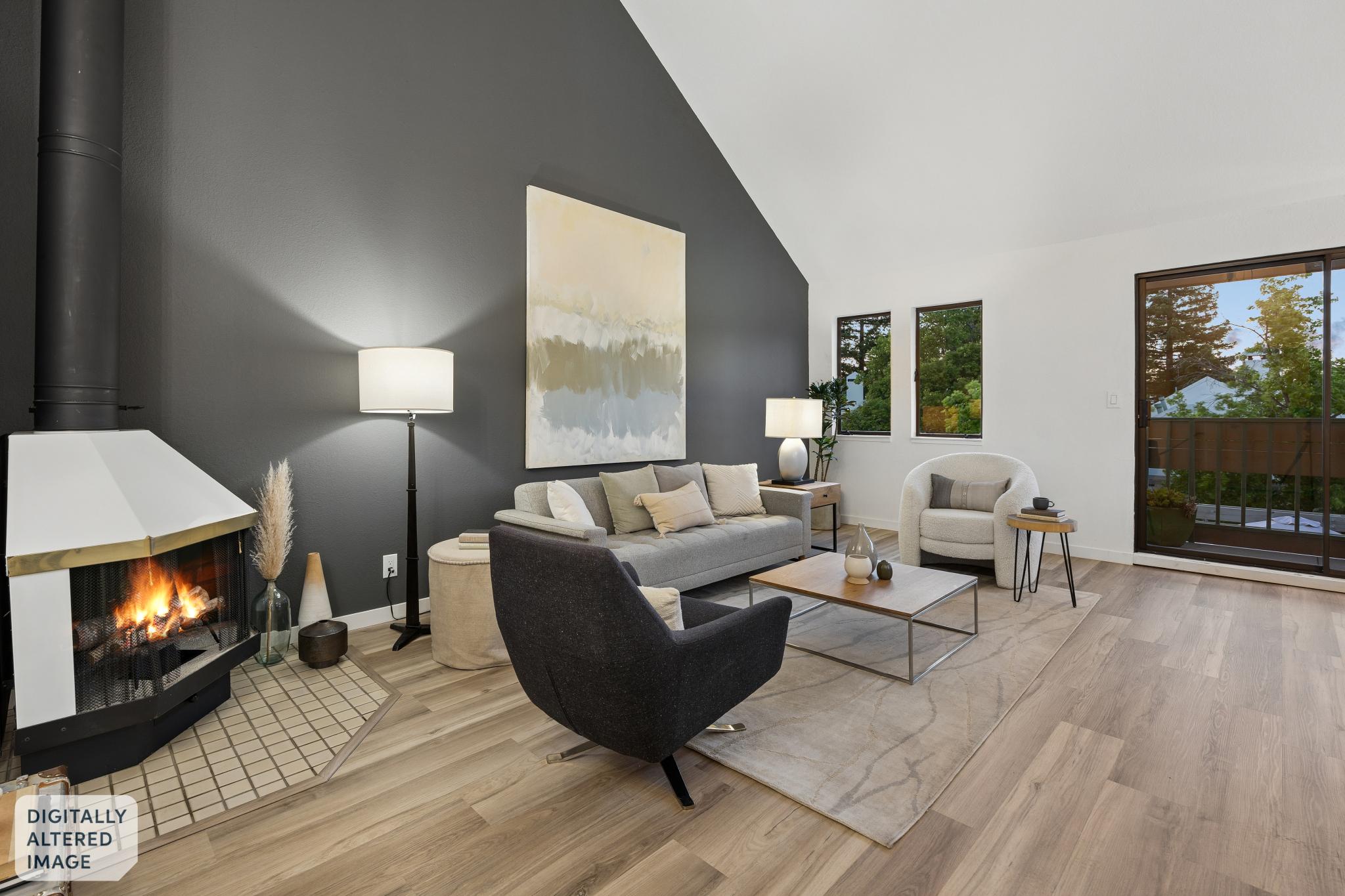 Vaulted living room with fireplace and balcony at 36 Mozden Ln in Pleasant Hill