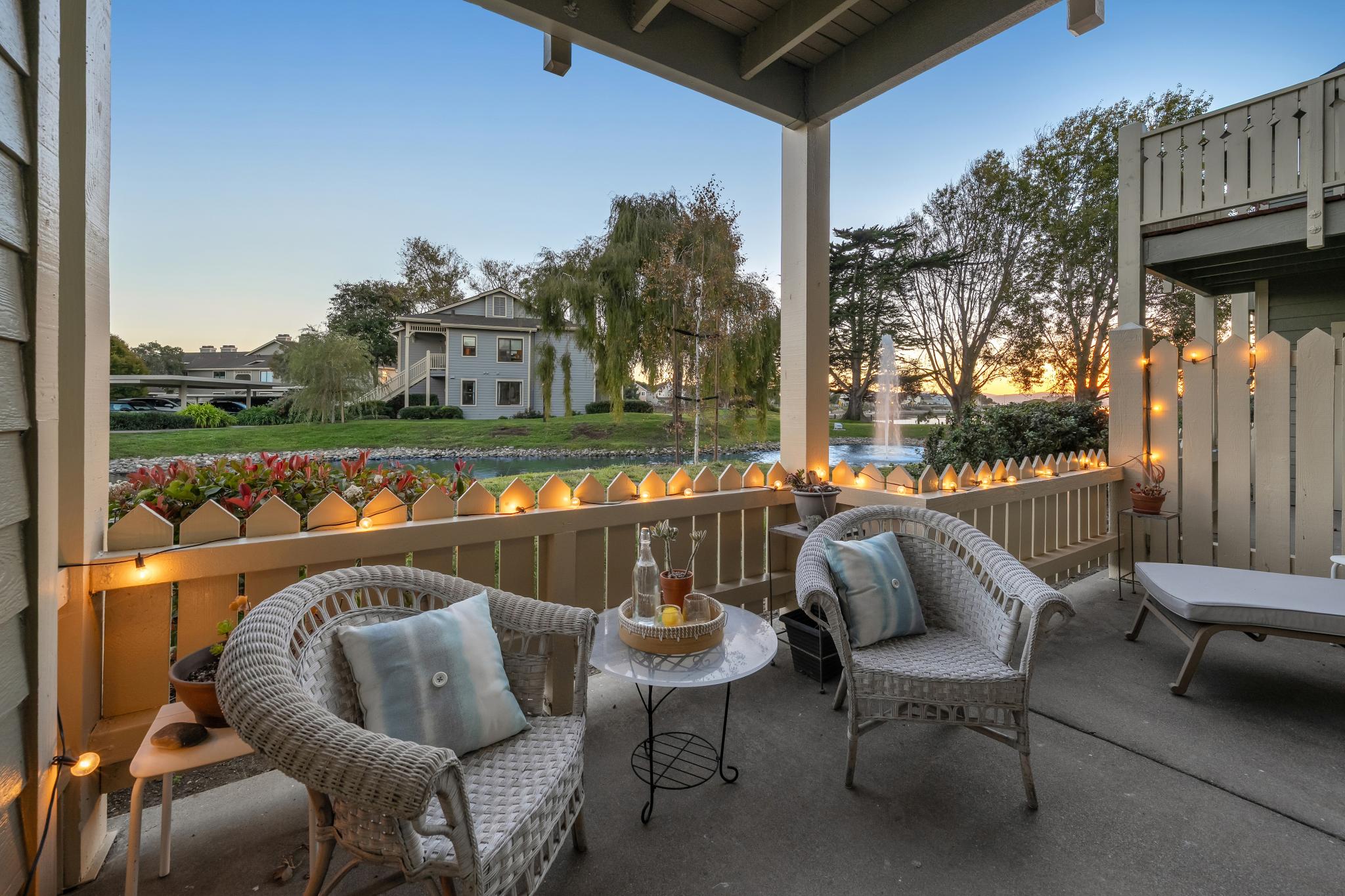 Covered patio facing the lagoon at Lakeshore Court in Marina Bay, Richmond