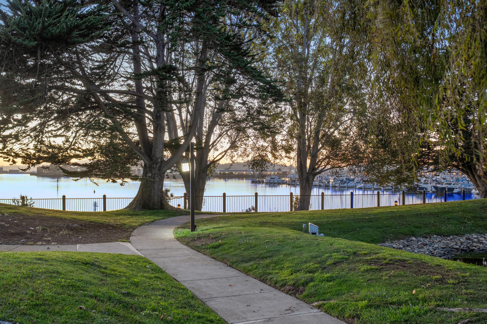 Landscaped community path beside the waterfront near Lakeshore Court in Marina Bay, Richmond