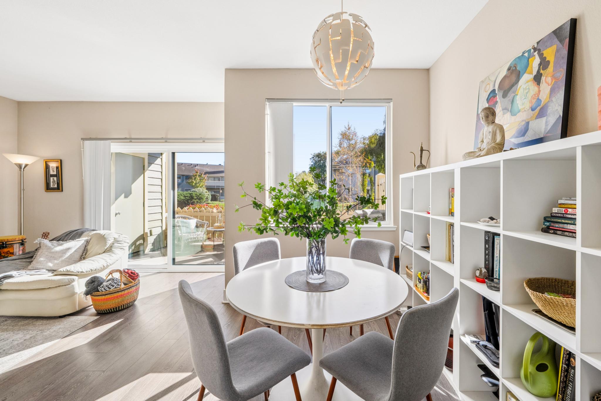 Dining area beside the kitchen and patio doors at Lakeshore Court in Marina Bay, Richmond