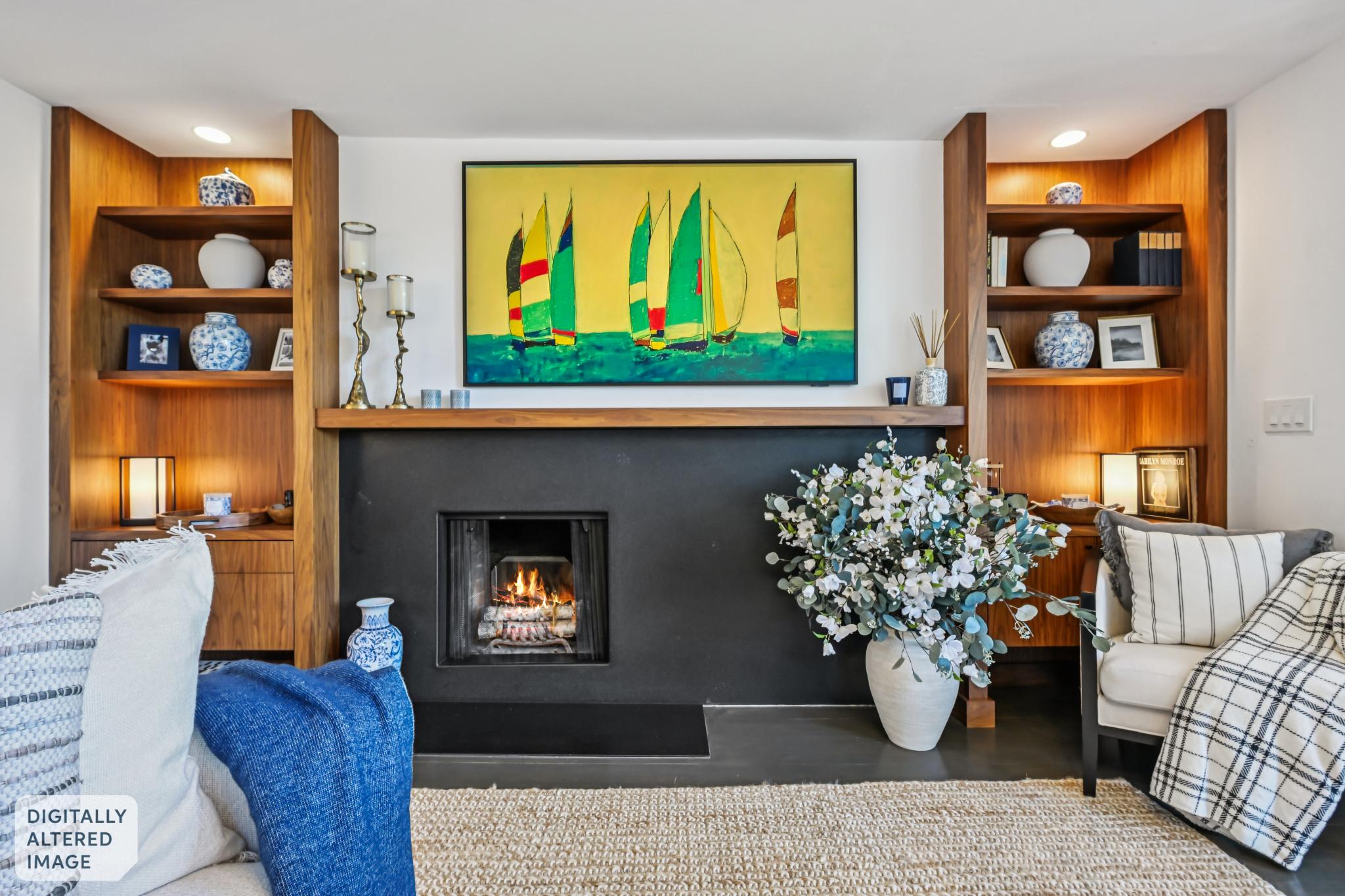 Wood-burning fireplace and built-in shelving at 103 Marion Ave in Sausalito, CA