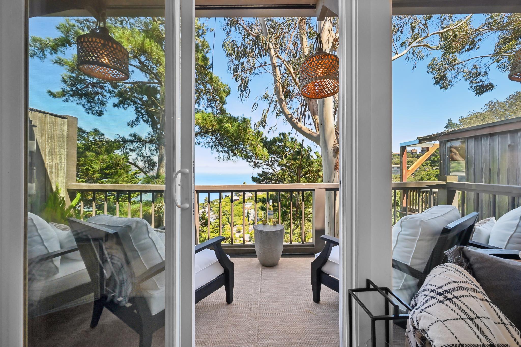 View deck reached through sliding glass doors at 103 Marion Ave in Sausalito, CA