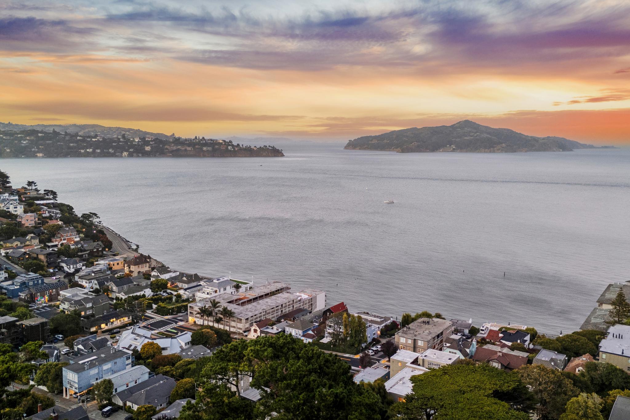 Evening Bay and Angel Island view from near 103 Marion Ave in Sausalito, CA
