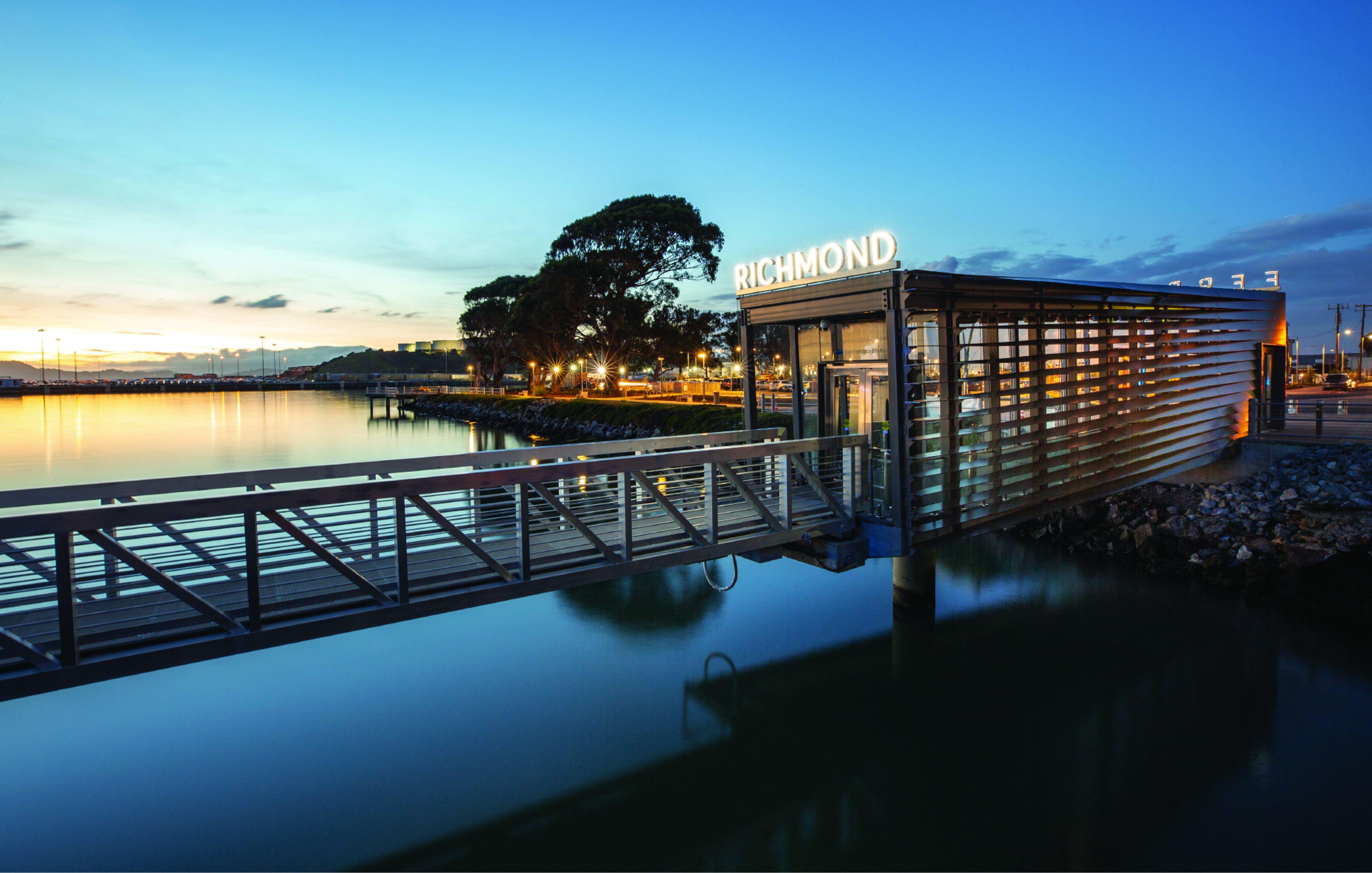 Richmond Ferry Terminal at sunset along the Richmond waterfront in Marina Bay, California.
