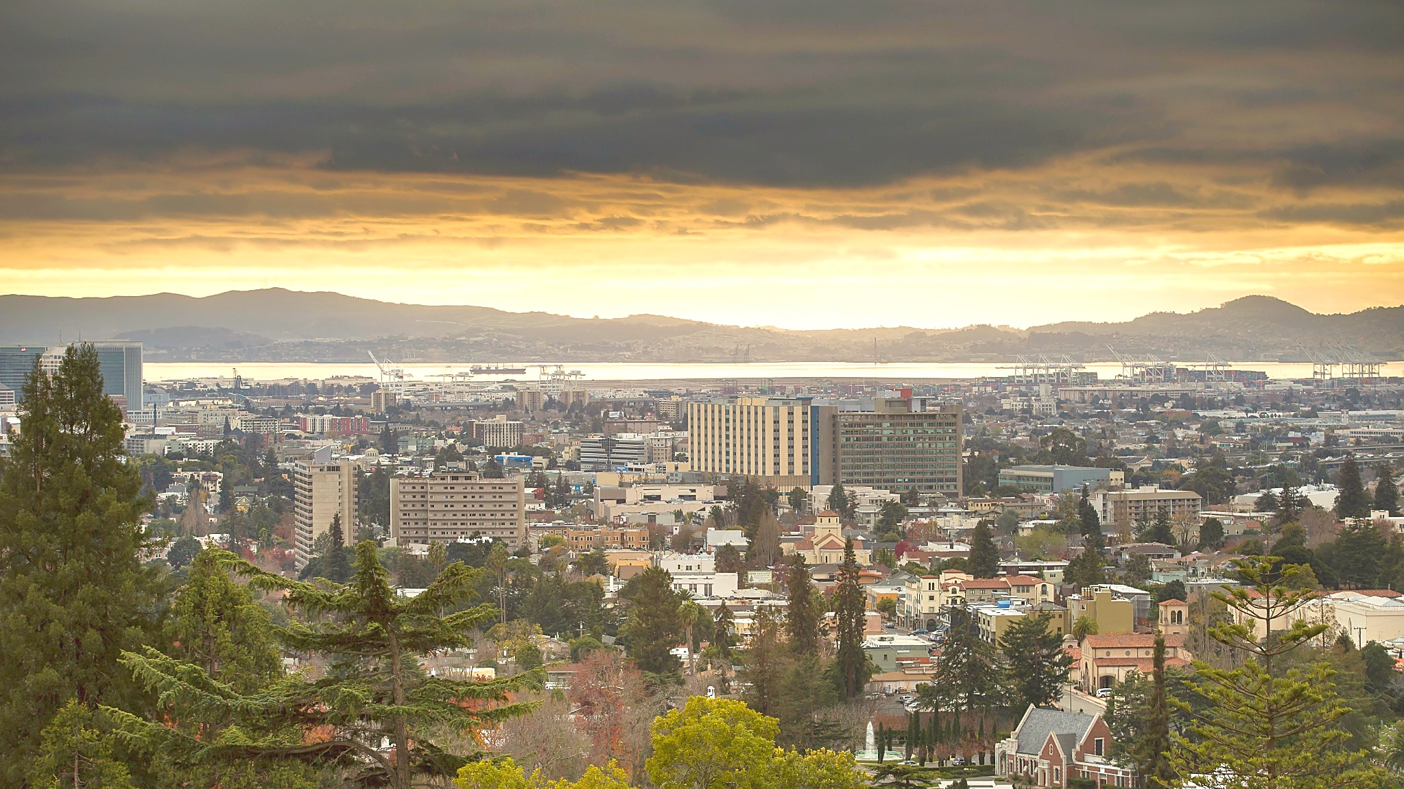 Oakland skyline and residential neighborhoods viewed from the hills with San Francisco Bay in the distance