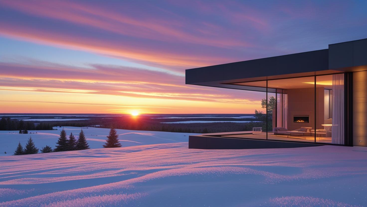 Modern luxury home with floor-to-ceiling glass windows overlooking a snow-covered Minnesota landscape at sunset, with warm interior lighting contrasting the winter scenery.