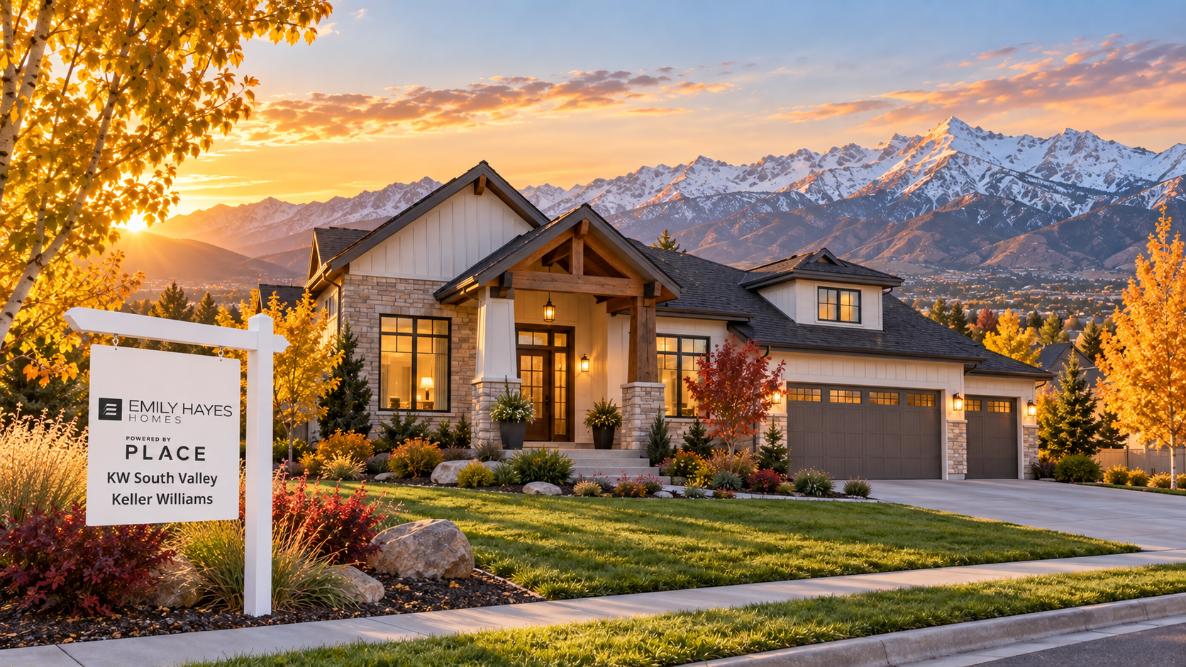 AI-generated Utah home illustration with Emily Hayes Homes, Powered by PLACE and KW South Valley Keller Williams yard sign; not an actual listing.