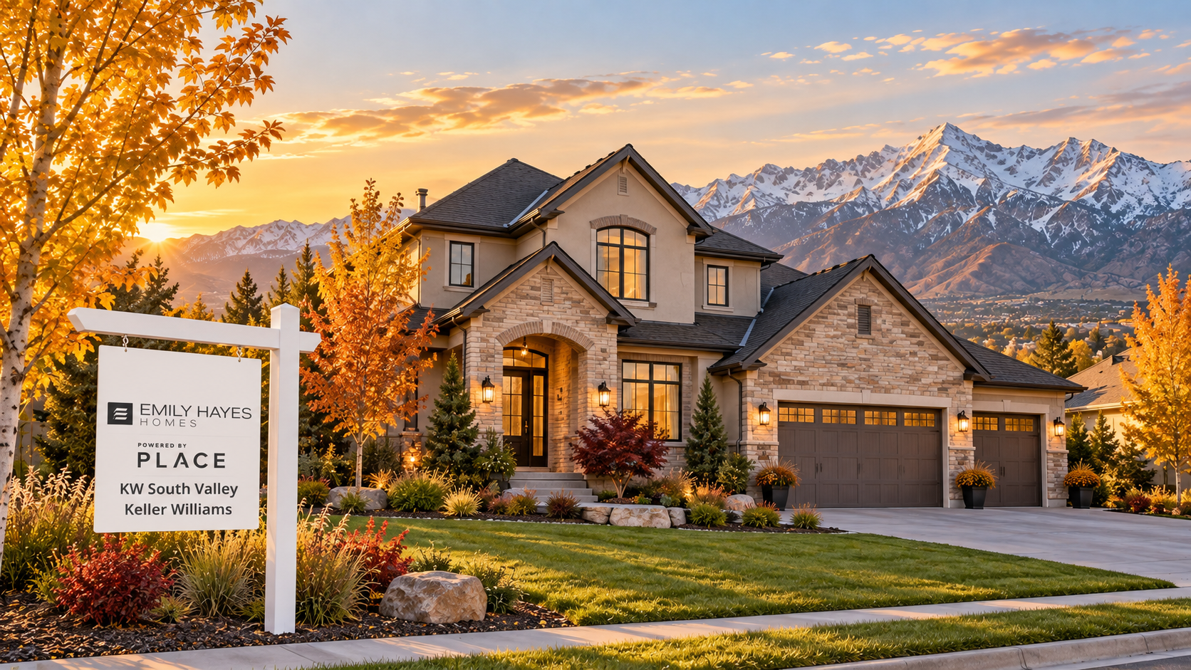 AI-generated Utah home illustration with Emily Hayes Homes, Powered by PLACE and KW South Valley Keller Williams yard sign; not an actual listing.