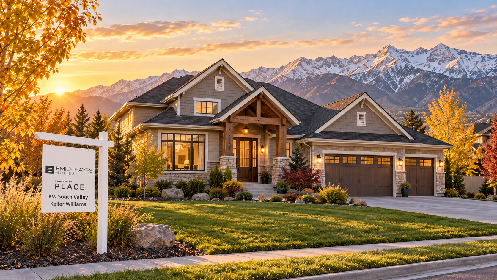 AI-generated illustration of a Utah-inspired home at golden hour with an Emily Hayes Homes, Powered by PLACE and KW South Valley Keller Williams yard sign.