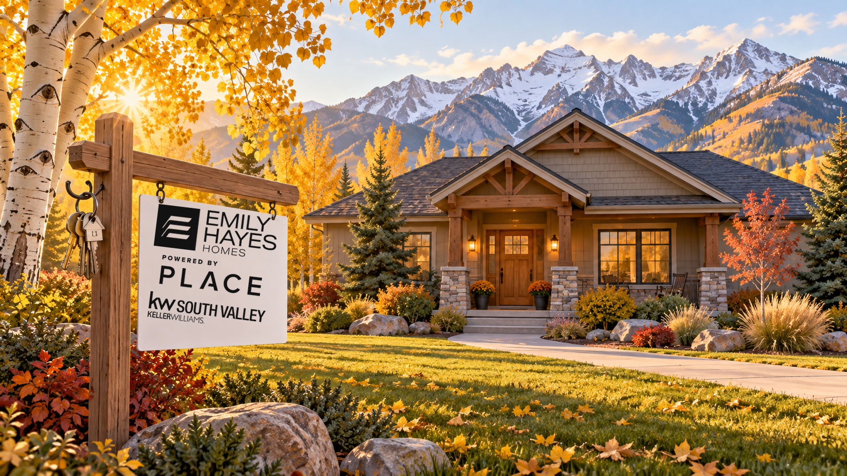 Illustration of a fictional Utah craftsman home in autumn with the Wasatch mountains and an Emily Hayes Homes, Powered by PLACE, KW South Valley Keller Williams yard sign.