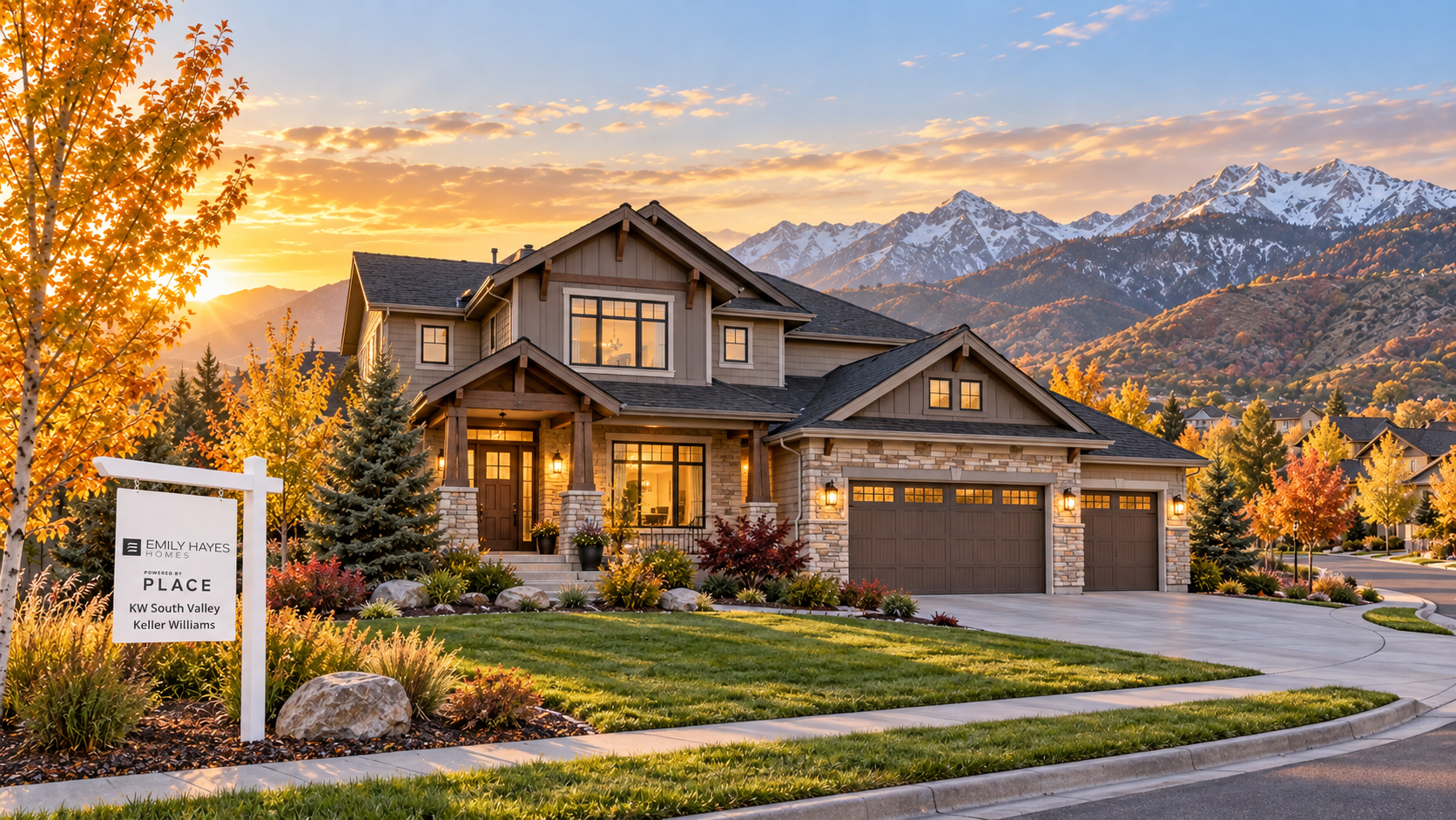 Golden hour in a Davis County, Utah neighborhood with an Emily Hayes Homes for-sale sign and the Wasatch Mountains behind