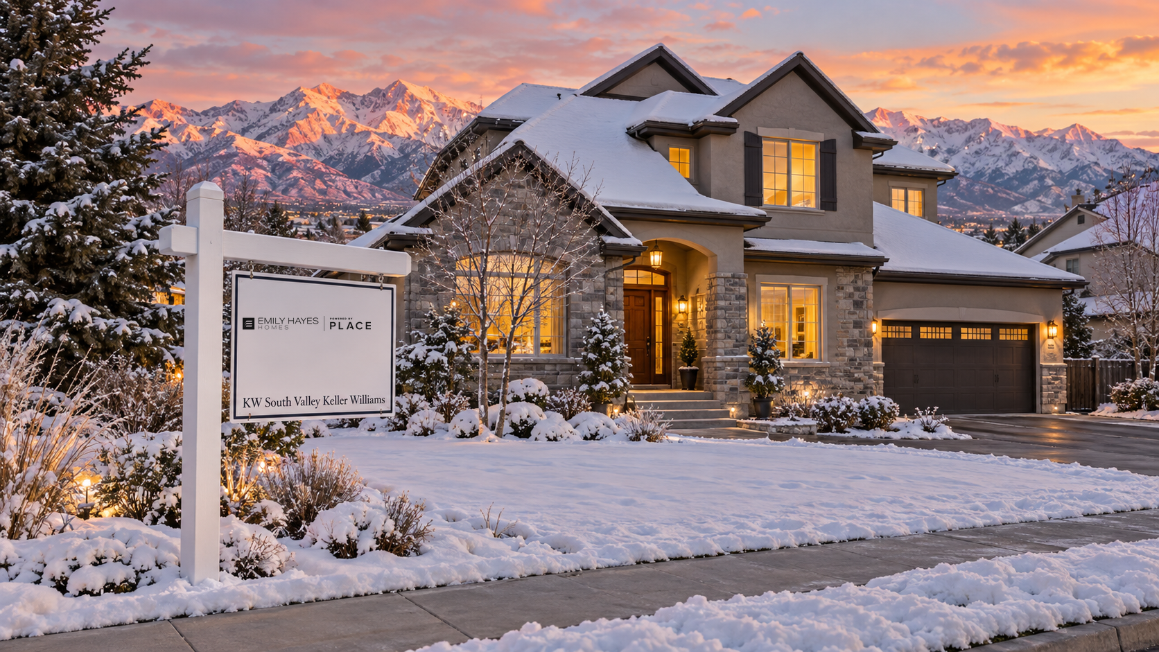 AI-generated illustration of a Utah two-story home in fresh snow at golden hour with the Wasatch mountains behind it and an Emily Hayes Homes, Powered by PLACE, KW South Valley Keller Williams yard sign; not a photograph of a real listing.
