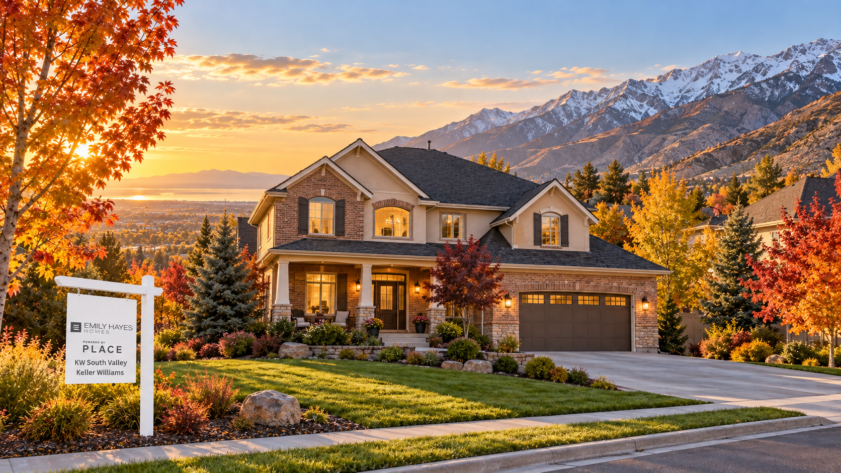 Autumn golden hour in a Davis County, Utah neighborhood with a Emily Hayes Homes for-sale sign and the Wasatch Mountains behind