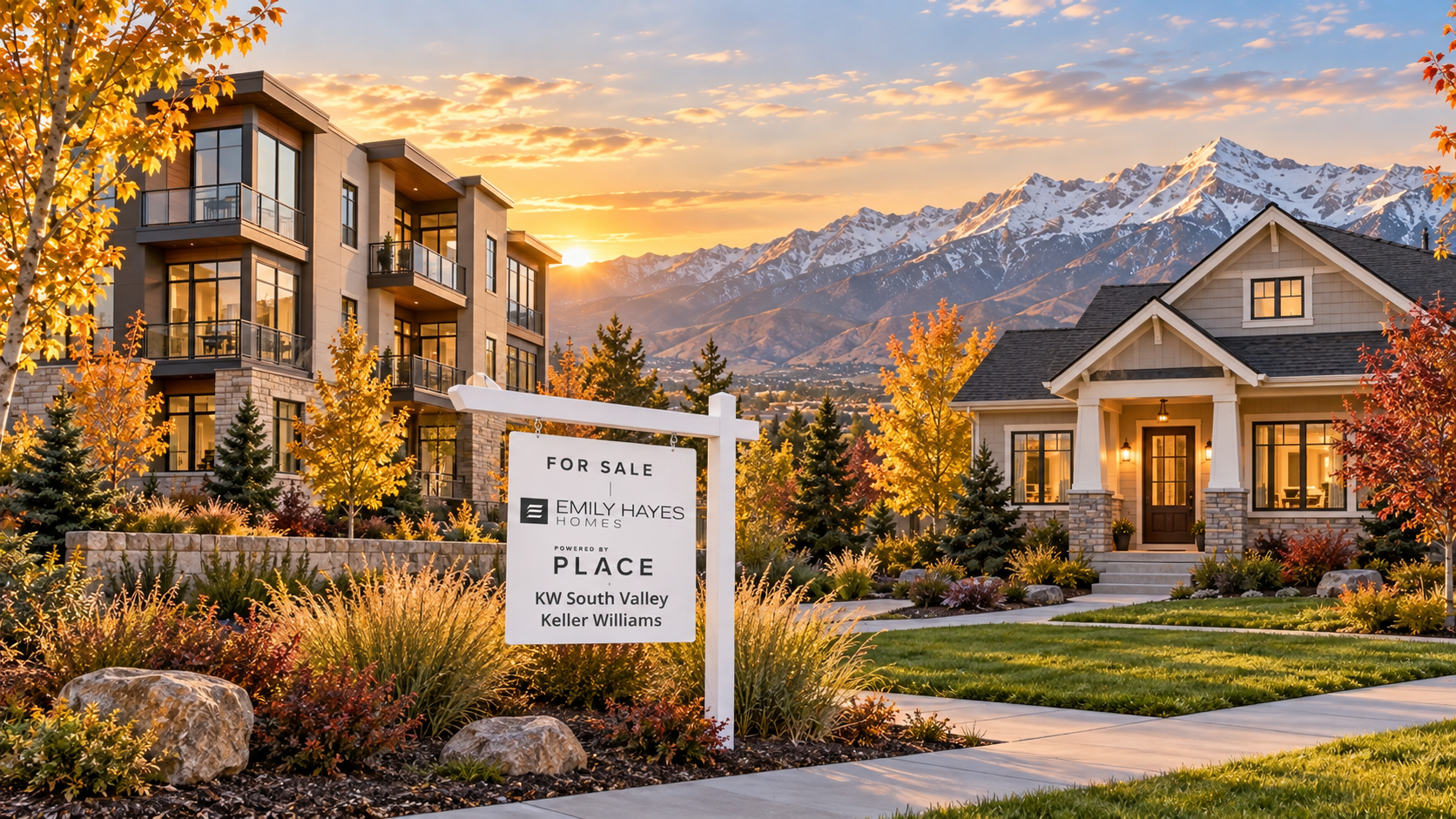 Illustrative condo building and detached home against Wasatch-style mountains at sunset, with an Emily Hayes Homes and KW South Valley Keller Williams yard sign.