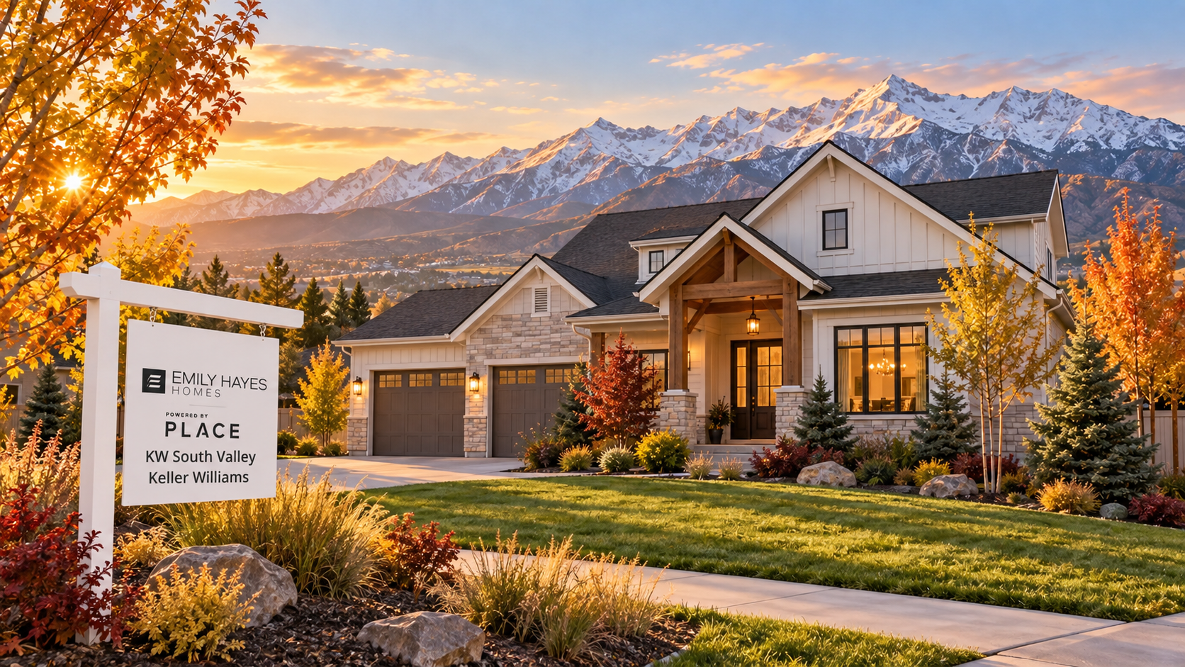 AI-generated golden-hour illustration of a Utah County home with a Wasatch mountain backdrop and an Emily Hayes Homes yard sign