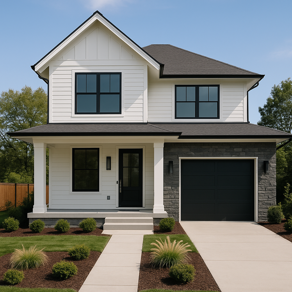 Modern two-story Maryland home with white siding, dark gray stone accents, black-framed windows, and a well-manicured front yard, representing the type of properties marketed by the Shawn Martin Group in Anne Arundel County.