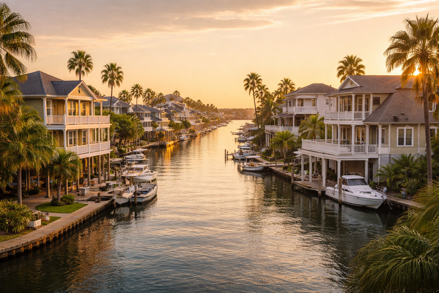 Canal front homes with docked boats.
