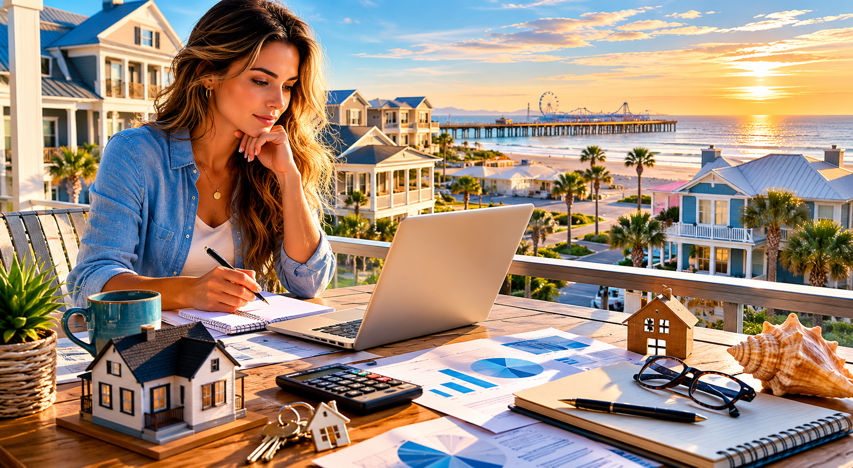 Galveston homebuyer reviewing mortgage rates and housing market data while overlooking coastal beachfront homes at sunset.