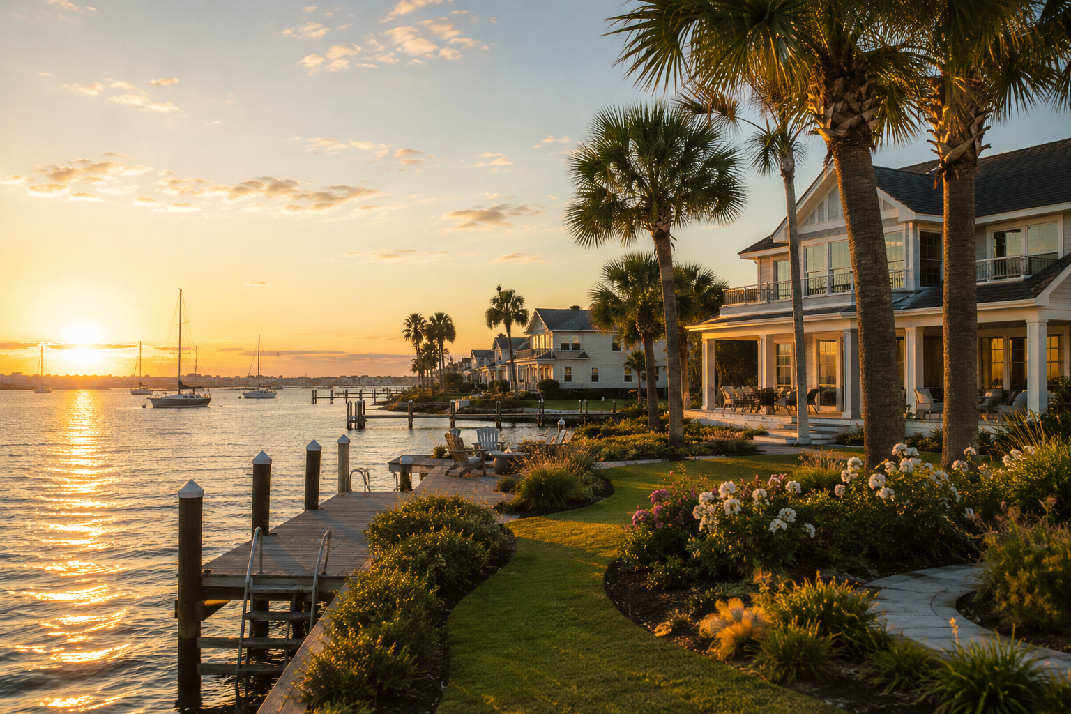 Luxury waterfront home in Galveston County, Texas, at golden hour, featuring coastal architecture, a private dock, palm trees, landscaped gardens, and sailboats on a calm bay with warm sunset reflections on the water.