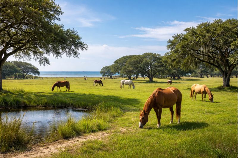 Horses grazing in waterside paddock