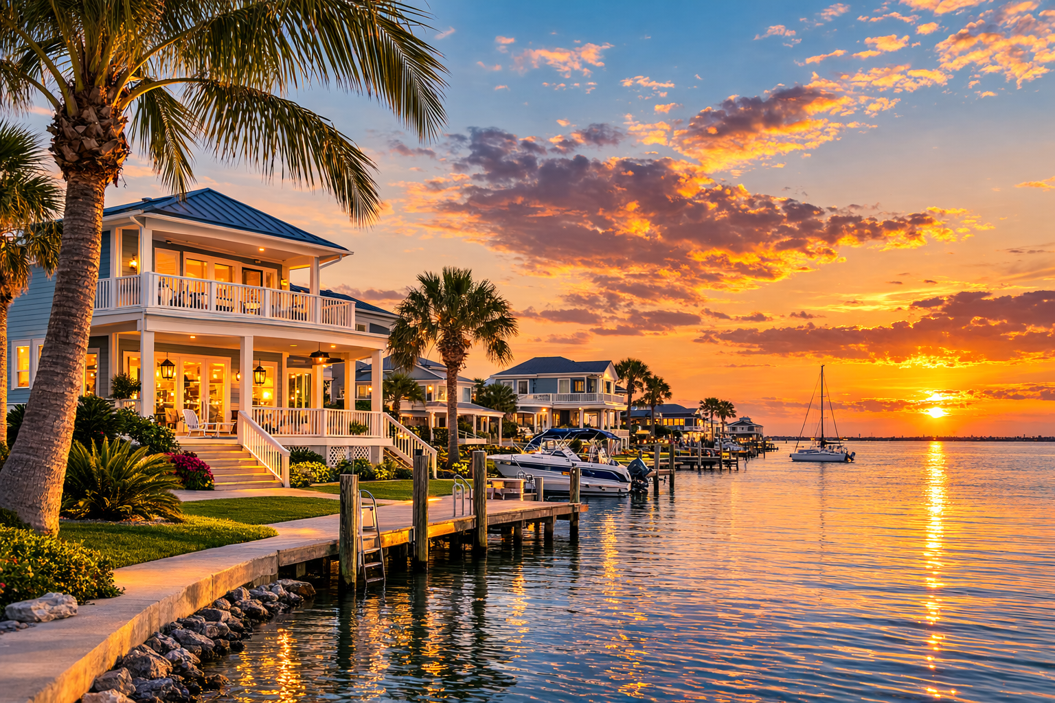 Luxury waterfront homes at sunset