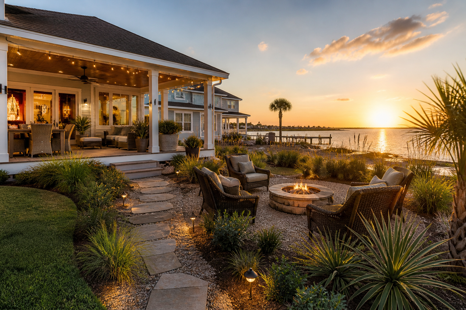 Wide-angle view of a coastal Galveston County backyard at golden hour, featuring a covered patio with warm string lights, cushioned outdoor seating, a stone firepit with chairs, native coastal landscaping, and calm bay waters reflecting the sunset in the background.