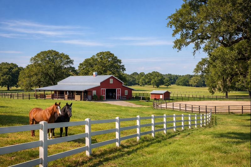 Horse in pasture in front of barn