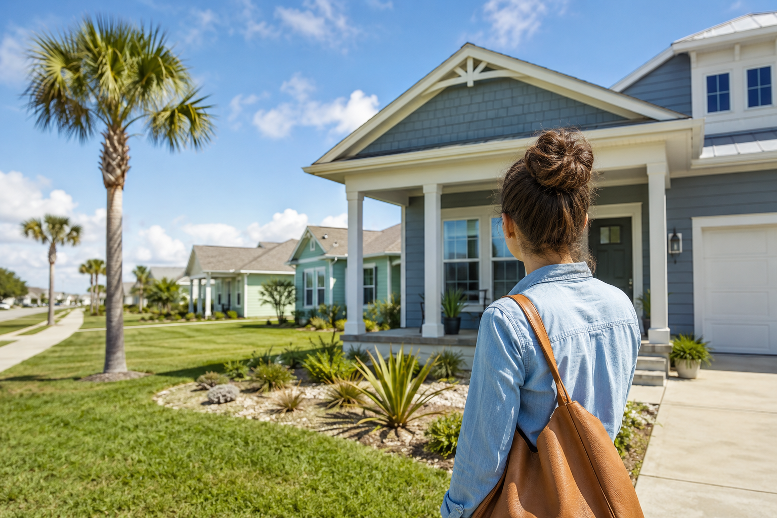 First-time homebuyer standing outside a modest Texas Gulf Coast home in a suburban neighborhood in Texas City, Galveston County on a sunny day.