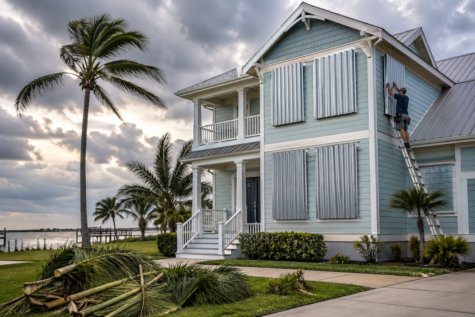 Home in Galveston County secured with hurricane shutters and storm preparation before hurricane season