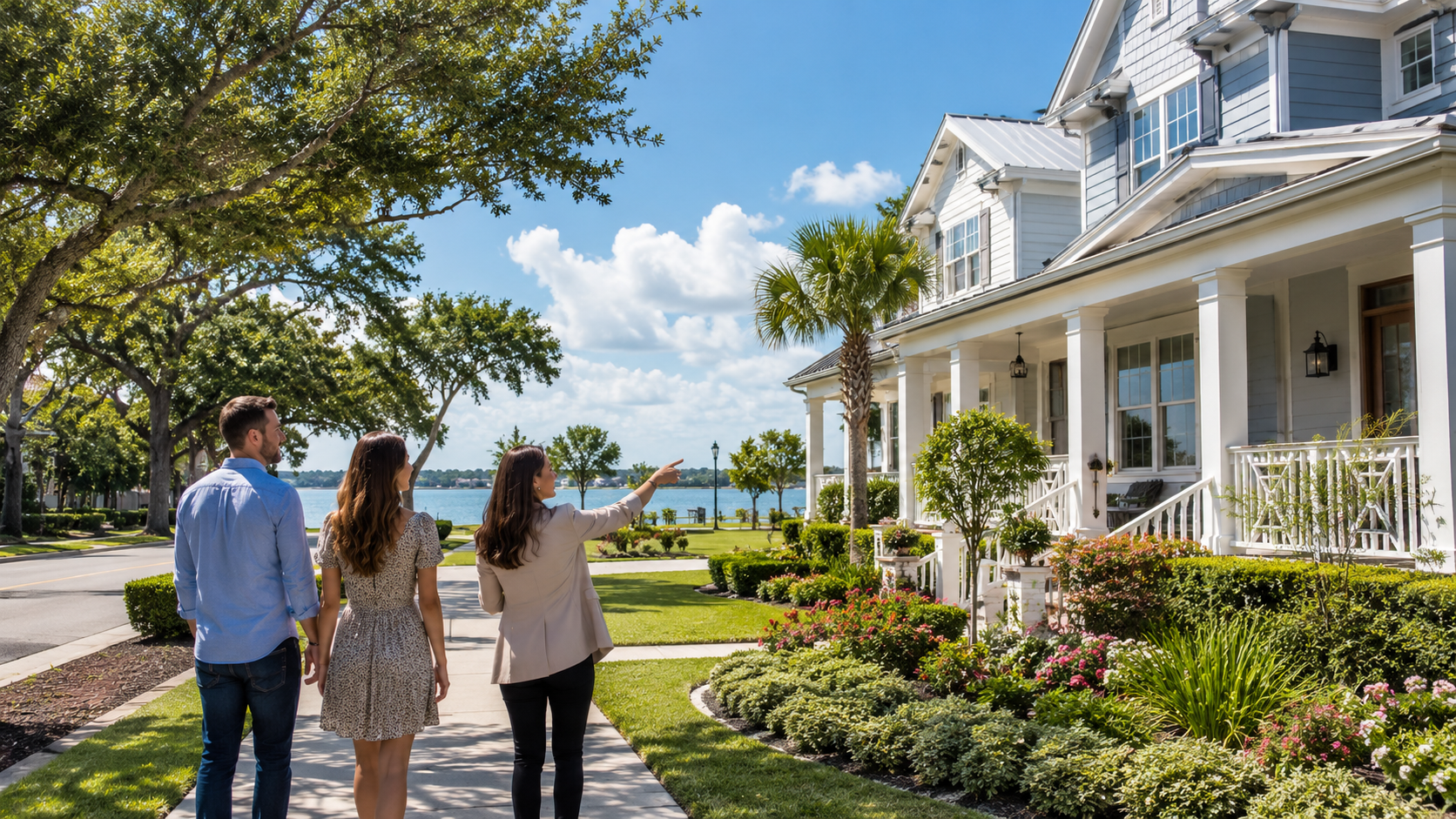 A real estate agent walks with a young couple through a picturesque coastal neighborhood in League City, Texas, pointing out a charming single-family home surrounded by mature oak trees, lush landscaping, and bright Gulf Coast sunshine. A neighborhood park and calm waterfront in the background showcase the relaxed lifestyle and residential appeal of Galveston County.