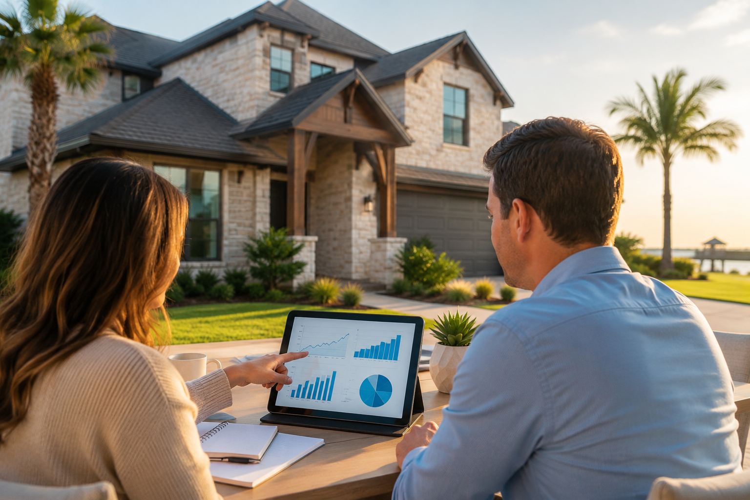 Modern Texas City homeowner reviewing home pricing analysis on a tablet with a real estate professional outside a contemporary suburban home during golden hour lighting.