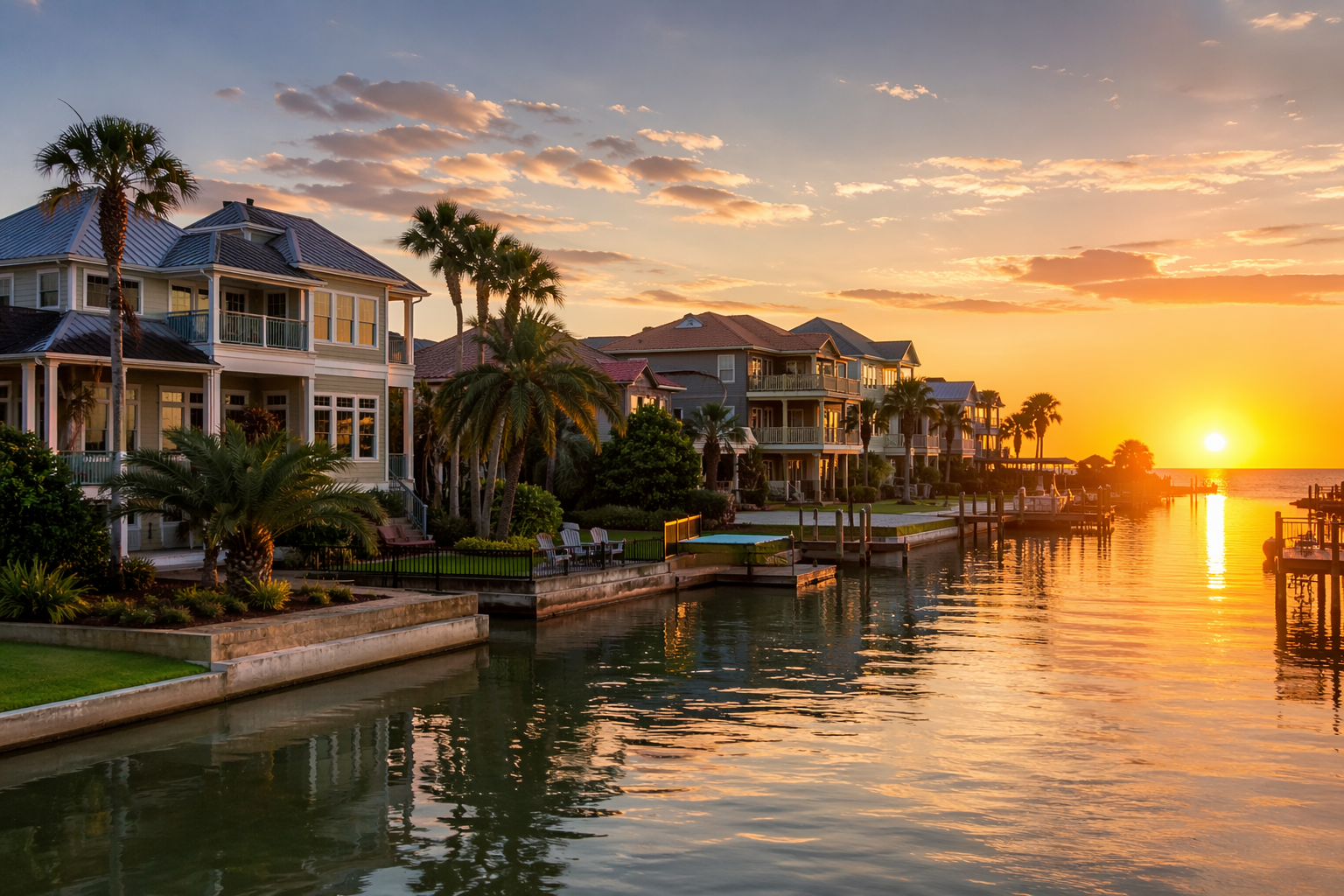 Elevated beach homes, palm trees, and waterfront views at sunset