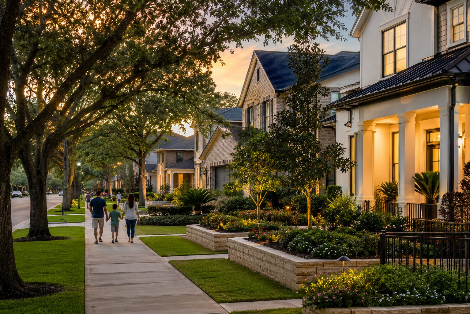 Families walk along a tree-lined residential street in League City, Texas at sunset, surrounded by upscale coastal-inspired homes with warm porch lighting, manicured landscaping, and mature oak trees under a soft evening sky.