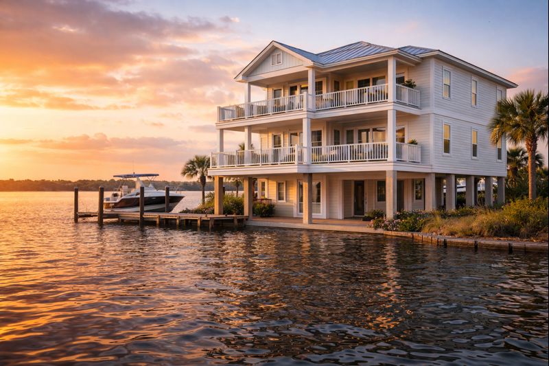 Bayside home at sunset with boat at dock
