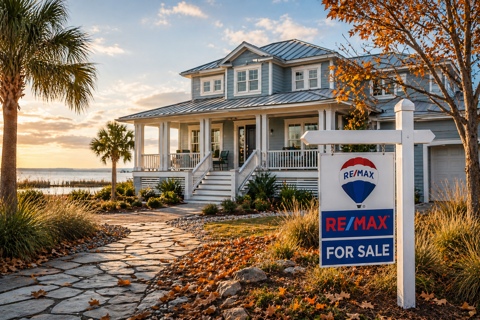 Coastal Texas home in a late-season setting with a RE/MAX for sale sign in the front yard, showing subtle summer-to-fall transition and a property sitting longer on the market.