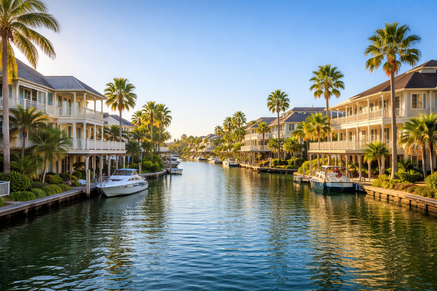 Luxury canal homes with peaceful waters.