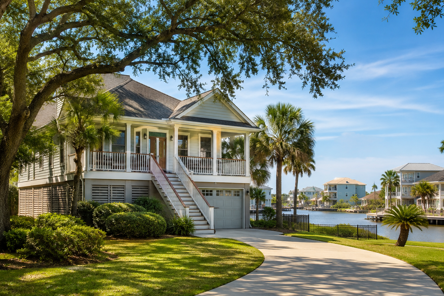 A beautifully maintained coastal-style home in a Galveston County neighborhood with mature oak trees, palm landscaping, a waterfront backdrop, neighboring homes, and a subtle for-sale sign under a bright blue Texas sky.