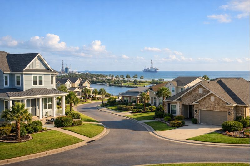Bayside neighborhood with ship in the distance