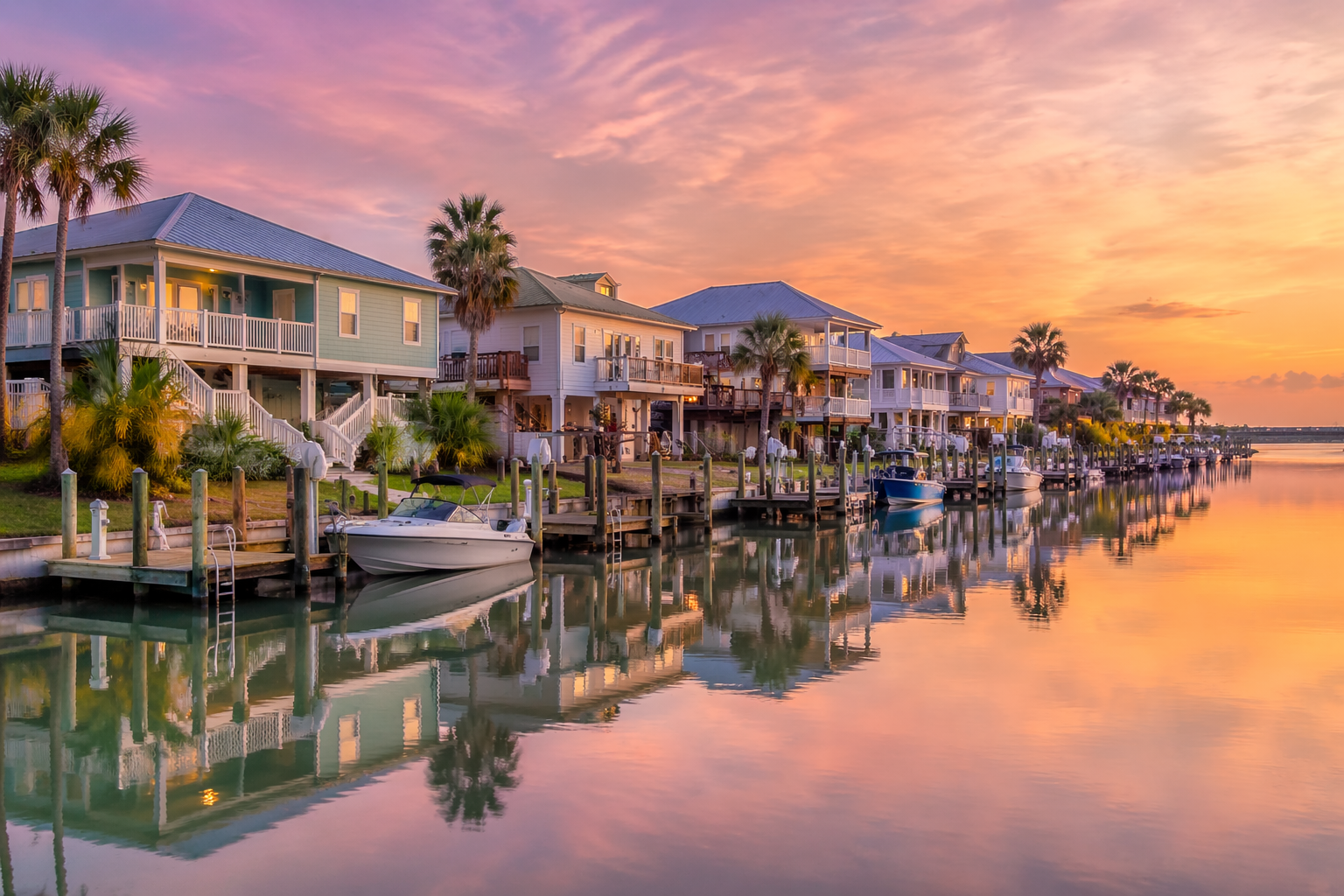 Serene Galveston canal front neighborhood at sunrise.