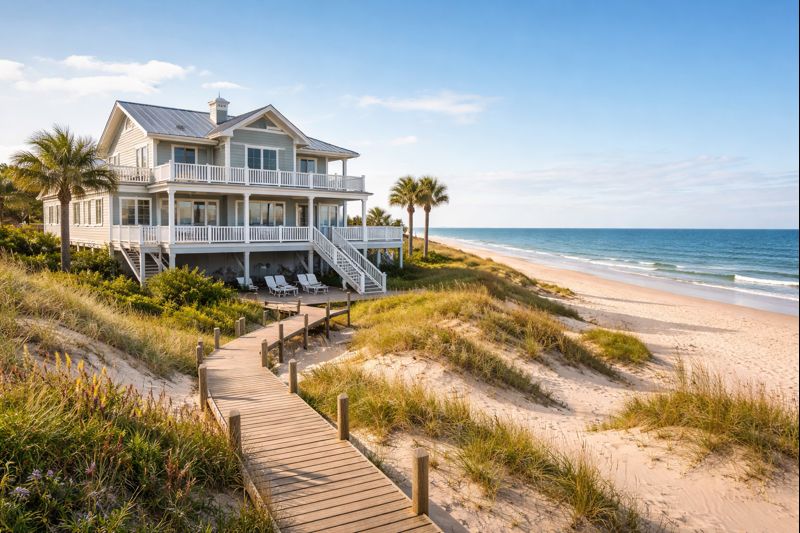 Beachfront home with palm trees and boardwalk through dunes
