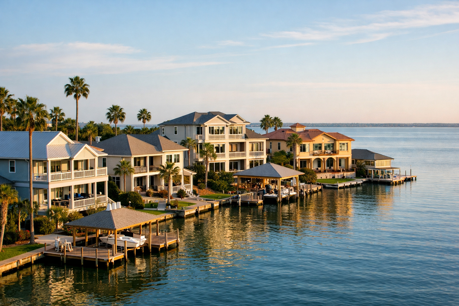 Bayfront homes with boat docks