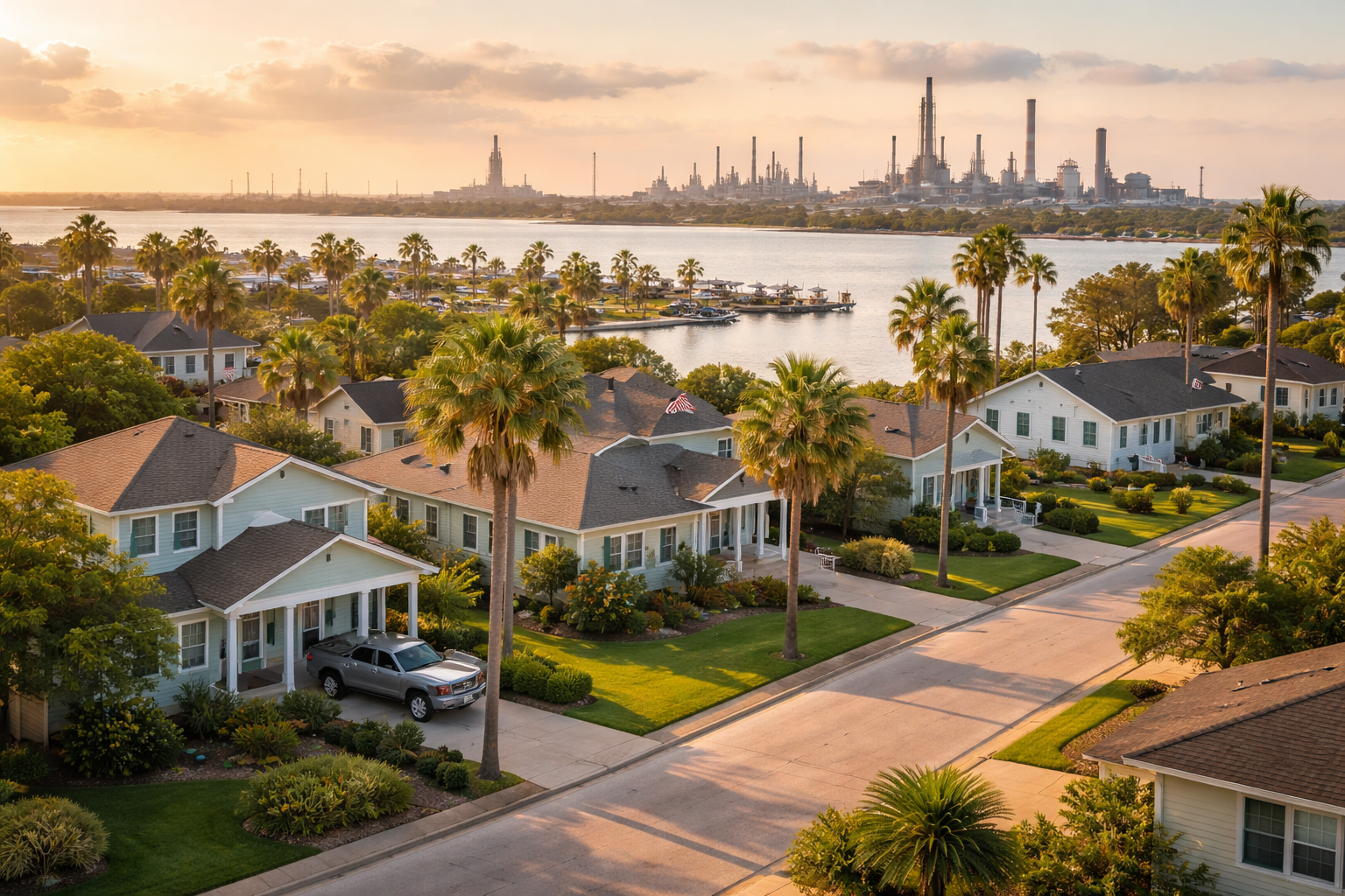 Neighborhood with refineries in distance